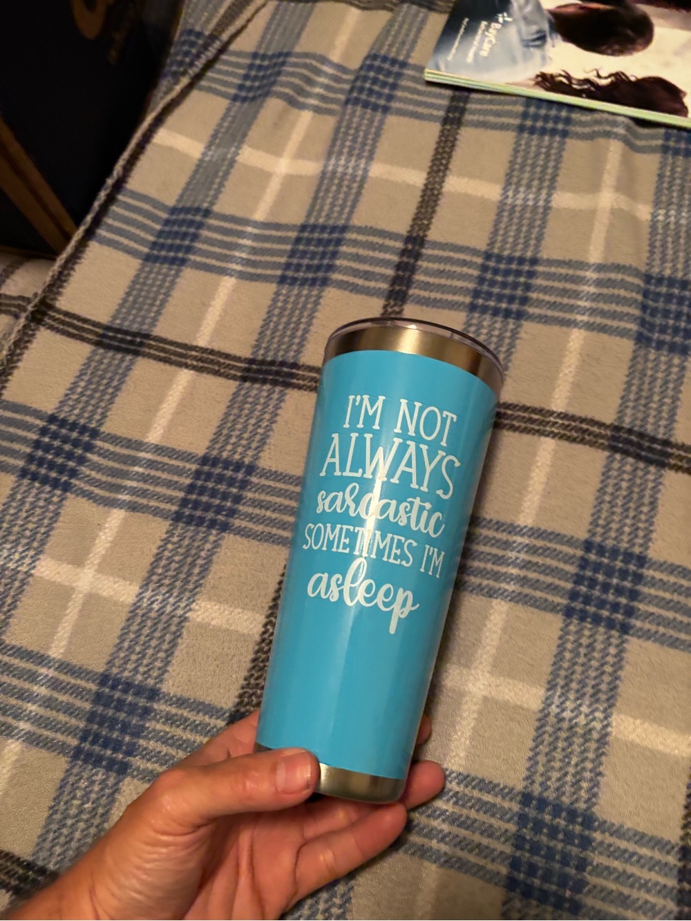 Blue Stainless Steel Travel Tumbler with Humorous Quote